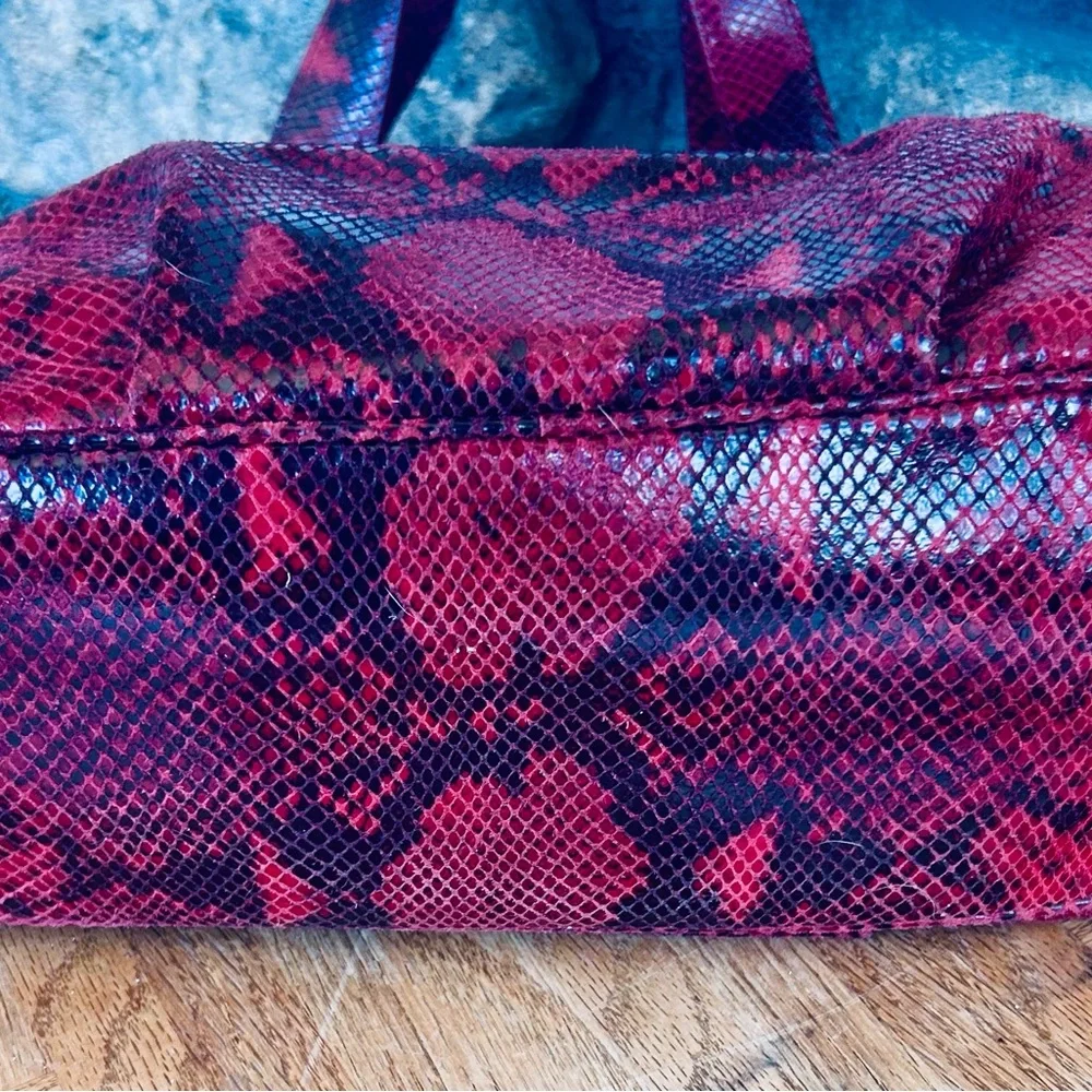 Michael Kors Red Black Snake Print Tote Shoulder Bag Gold Logo